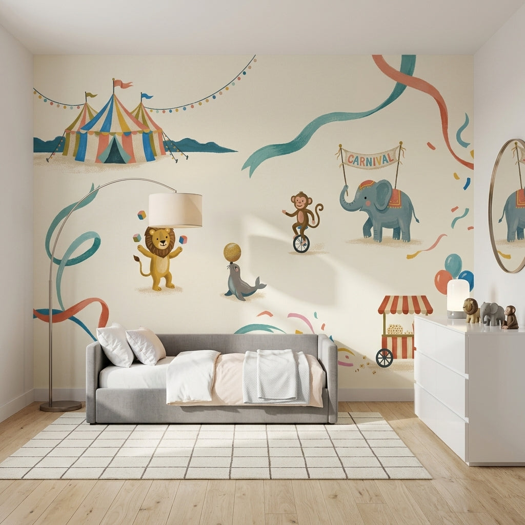 Carnival Wallpaper Circus Animals Cream Background Removable Wall Decor