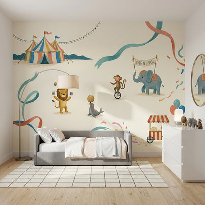Carnival Wallpaper Circus Animals Cream Background Removable Wall Decor