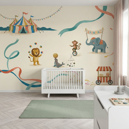 Carnival Wallpaper Circus Animals Cream Background Removable Wall Decor
