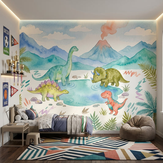 Watercolor Wallpaper Dinosaur Removable Prehistoric Landscape Wall Decor