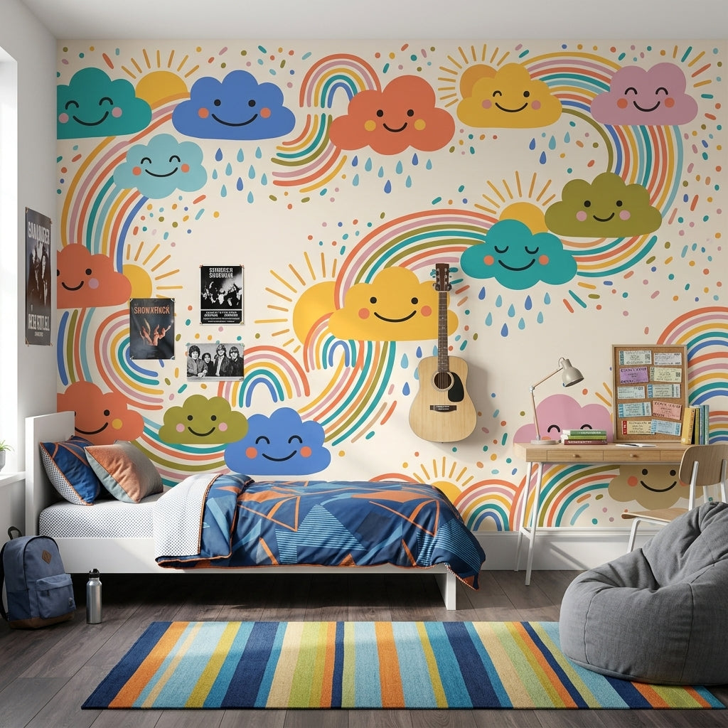 Cute Weather Wallpaper Smiling Clouds Removable Rainbows Wall Decor