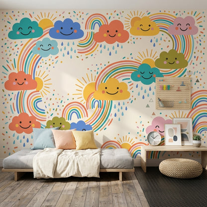 Cute Weather Wallpaper Smiling Clouds Removable Rainbows Wall Decor