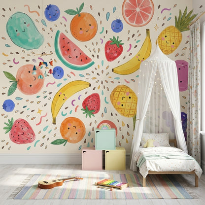 Watercolor Fruit Wallpaper Playful Kawaii Faces Removable Whimsical Illustration Wall Decor