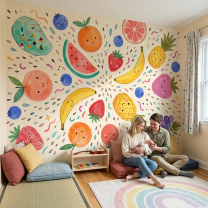 Watercolor Fruit Wallpaper Playful Kawaii Faces Removable Whimsical Illustration Wall Decor
