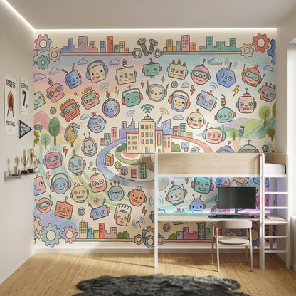 Robots Wallpaper Gears Cityscape Removable Wall Decor