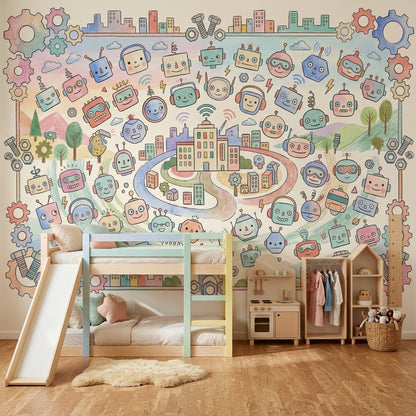 Robots Wallpaper Gears Cityscape Removable Wall Decor