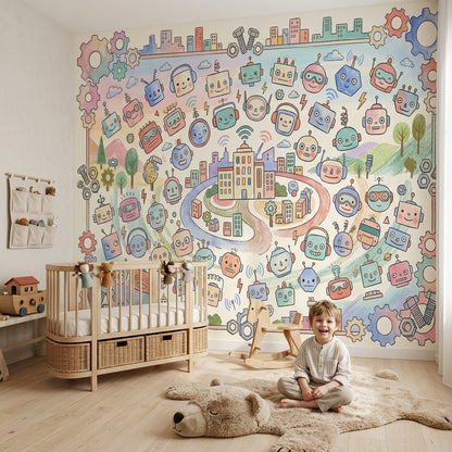 Robots Wallpaper Gears Cityscape Removable Wall Decor
