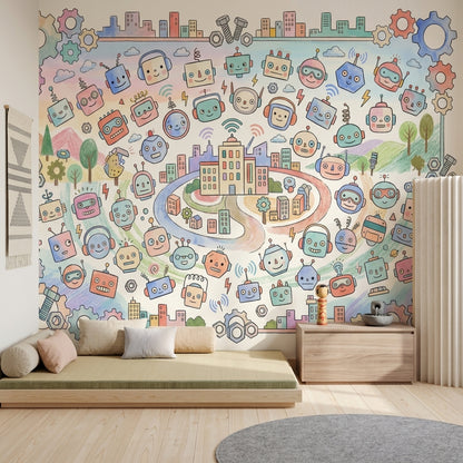 Robots Wallpaper Gears Cityscape Removable Wall Decor