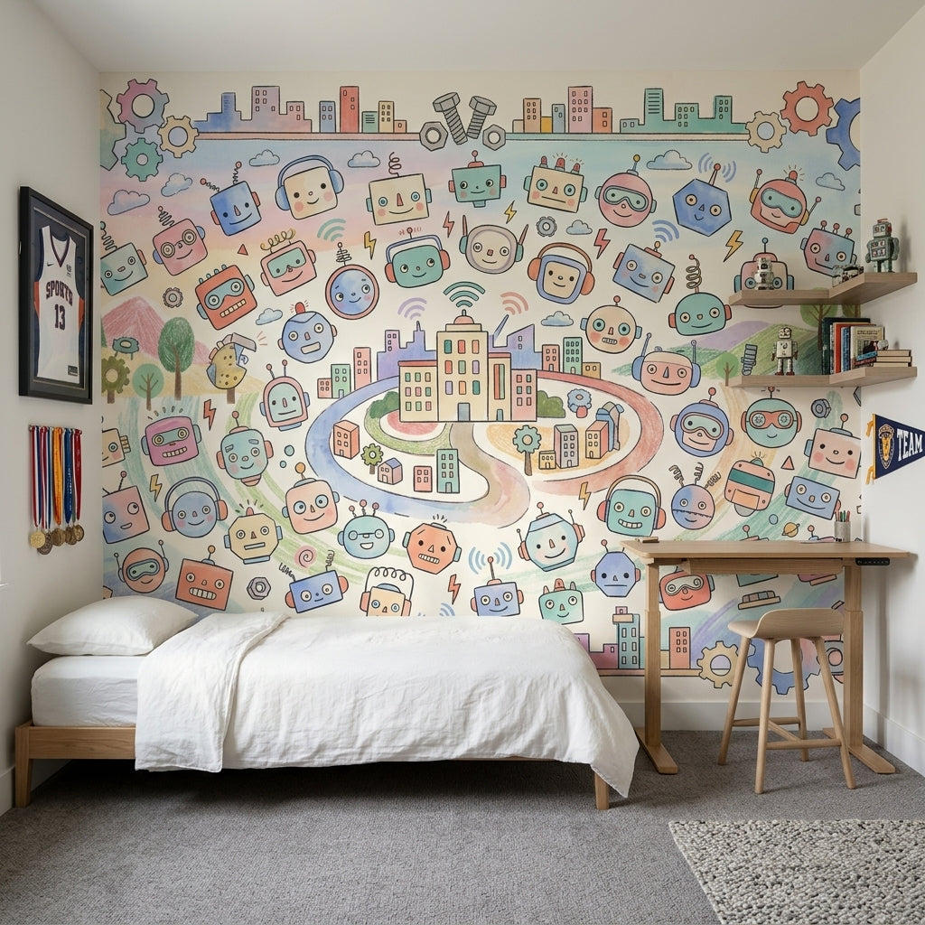 Robots Wallpaper Gears Cityscape Removable Wall Decor