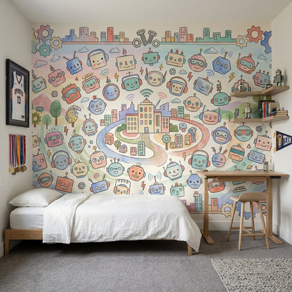 Robots Wallpaper Gears Cityscape Removable Wall Decor