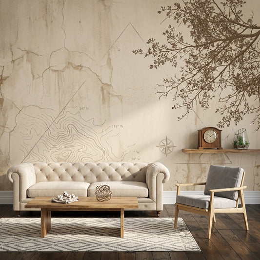Vintage Map Wallpaper Topographic Lines Removable Compass Rose Wall Decor