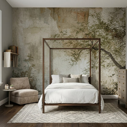 Tree Branches Wallpaper Delicate Leaves Removable Aged Plaster Wall Wall Decor