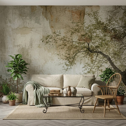 Tree Branches Wallpaper Delicate Leaves Removable Aged Plaster Wall Wall Decor