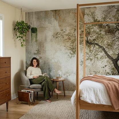 Tree Branches Wallpaper Delicate Leaves Removable Aged Plaster Wall Wall Decor