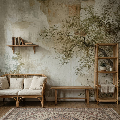 Tree Branches Wallpaper Delicate Leaves Removable Aged Plaster Wall Wall Decor
