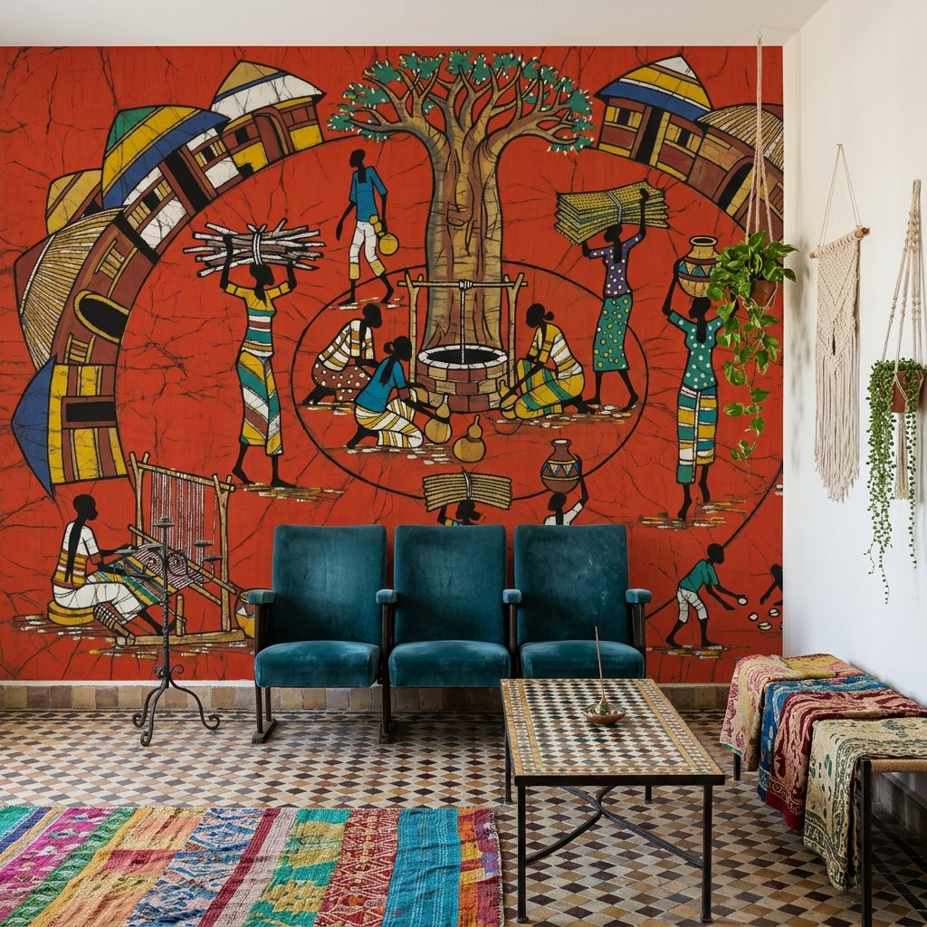 African Village Wallpaper Folk Art Daily Life Scene Wall Mural