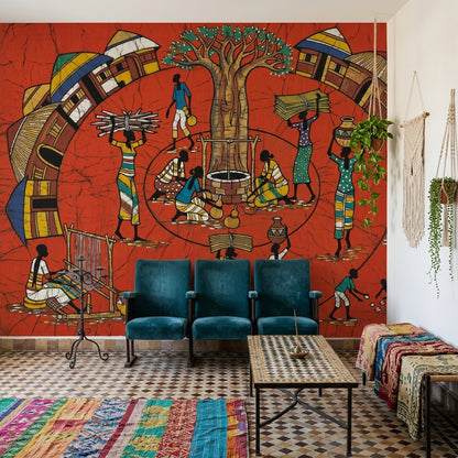 African Village Wallpaper Folk Art Daily Life Scene Wall Mural