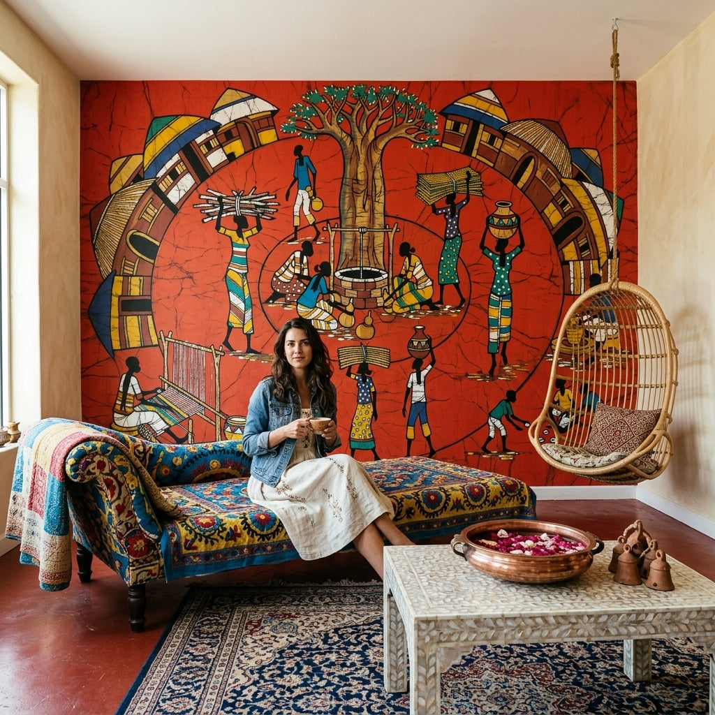 African Village Wallpaper Folk Art Daily Life Scene Wall Mural