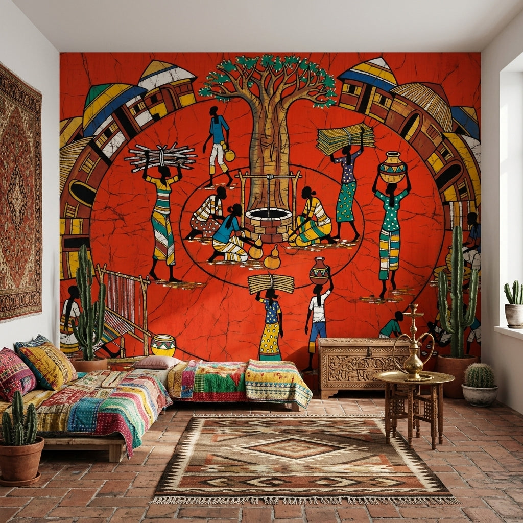 African Village Wallpaper Folk Art Daily Life Scene Wall Mural