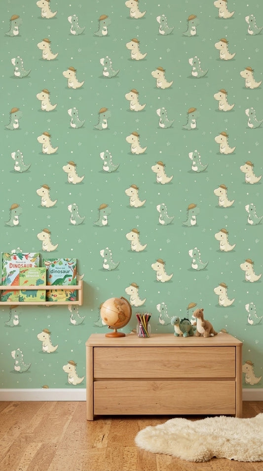 Cute Dinosaurs Wallpaper Nursery Wallpaper Sage Green Background Decorative Mural