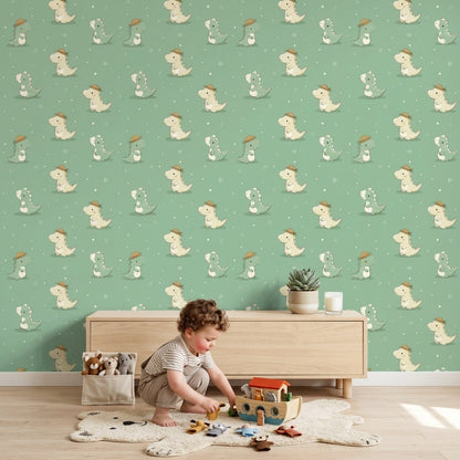 Cute Dinosaurs Wallpaper Nursery Wallpaper Sage Green Background Decorative Mural