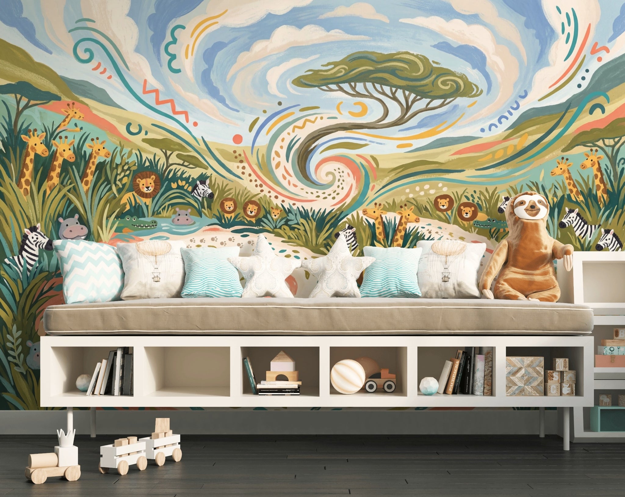Safari Wallpaper Savanna Landscape Whimsical Illustration Removable Wall Decor