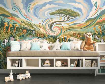 Safari Wallpaper Savanna Landscape Whimsical Illustration Removable Wall Decor