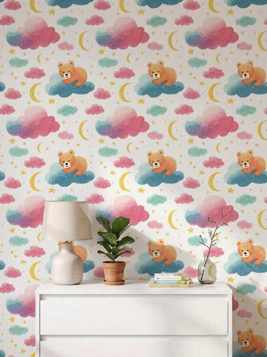 Nursery Wallpaper Sleeping Bear Whimsical Removable Wall Decor