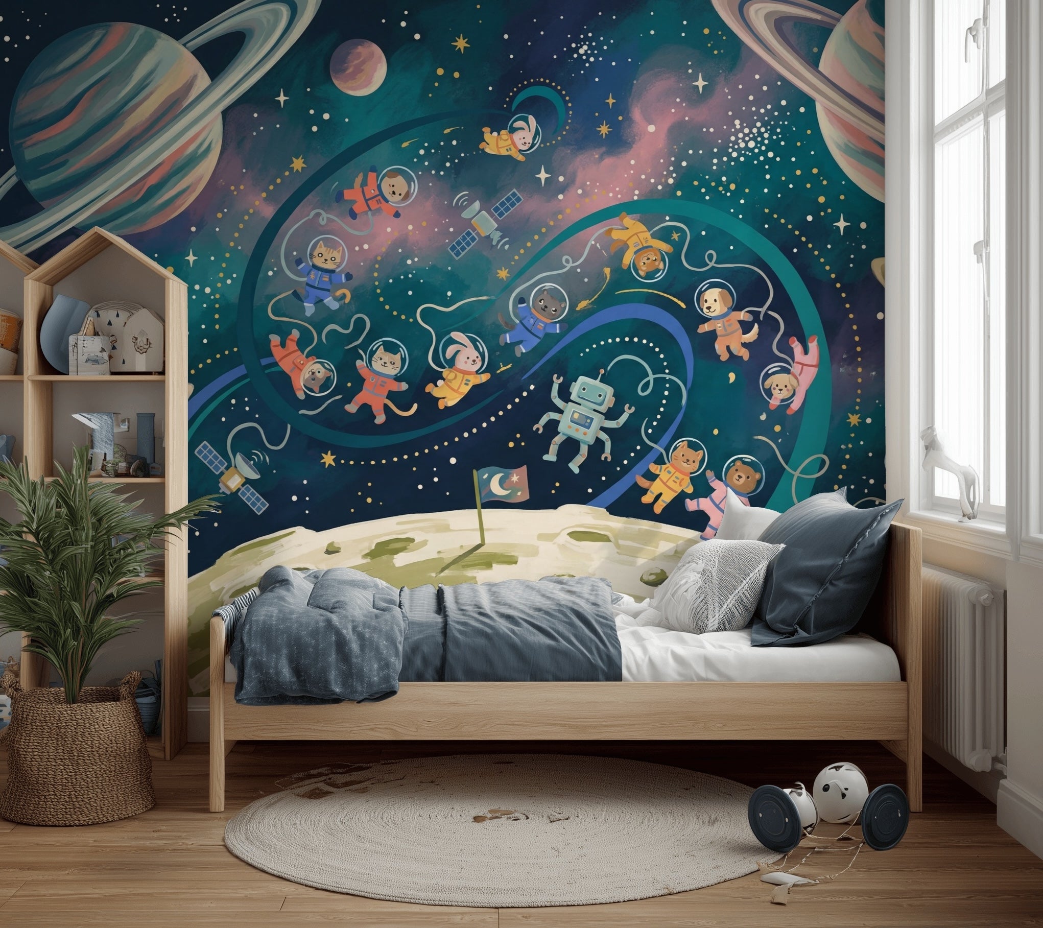 Astronaut Animals Wallpaper Planets With Rings Starry Sky Wall Mural
