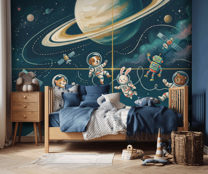 Astronaut Animals Wallpaper Dark Space Removable Ringed Planet Wall Decor