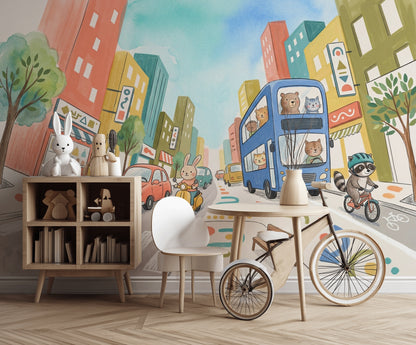 Playful City Wallpaper Double Decker Bus Kids Mural Removable Wall Decor