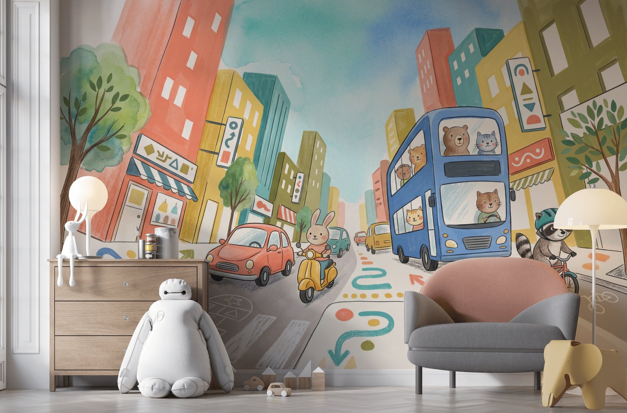 Playful City Wallpaper Double Decker Bus Kids Mural Removable Wall Decor