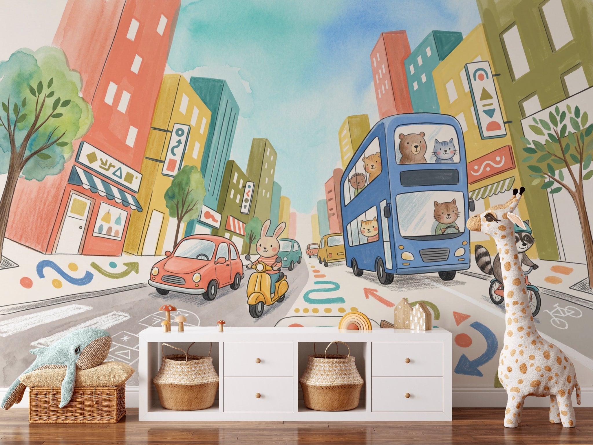 Playful City Wallpaper Double Decker Bus Kids Mural Removable Wall Decor