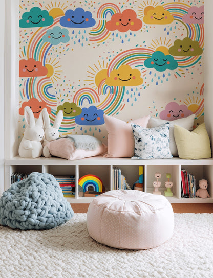 Cute Weather Wallpaper Smiling Clouds Removable Rainbows Wall Decor