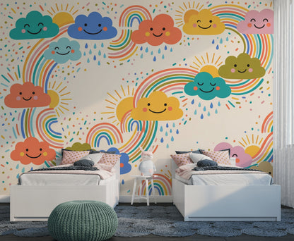 Cute Weather Wallpaper Smiling Clouds Removable Rainbows Wall Decor