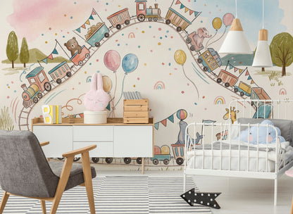 Toy Train Wallpaper Whimsical Removable Kids Nursery Wall Decor