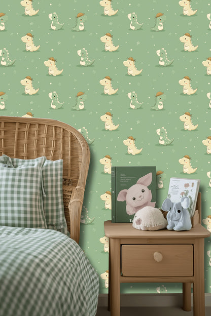 Cute Dinosaurs Wallpaper Nursery Wallpaper Sage Green Background Decorative Mural