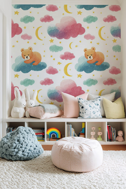 Nursery Wallpaper Sleeping Bear Whimsical Removable Wall Decor