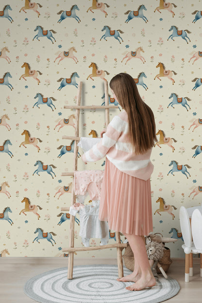 Whimsical Horses Wallpaper Watercolor Removable Pastel Wall Decor