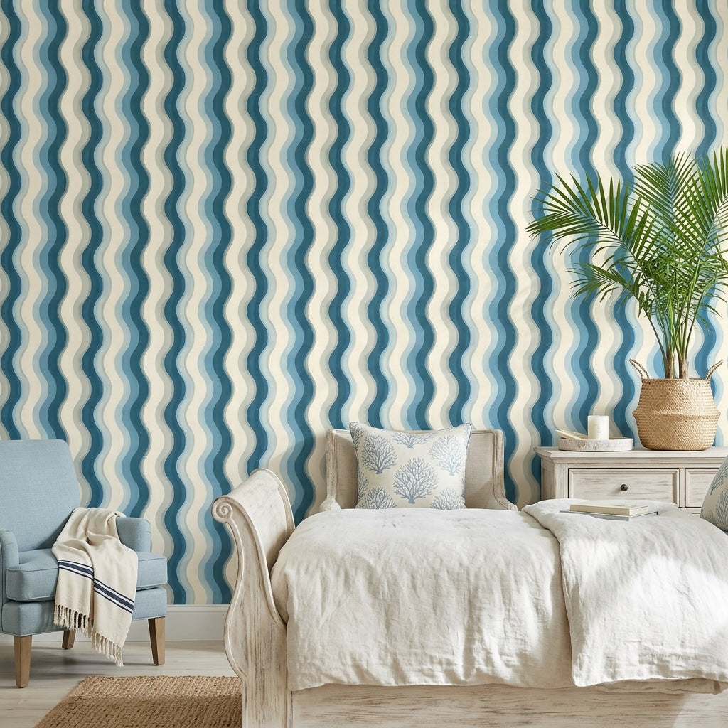 Abstract Wavy Stripes Wallpaper Blue And Cream Coastal Removable Wall Decor