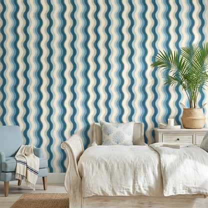Abstract Wavy Stripes Wallpaper Blue And Cream Coastal Removable Wall Decor