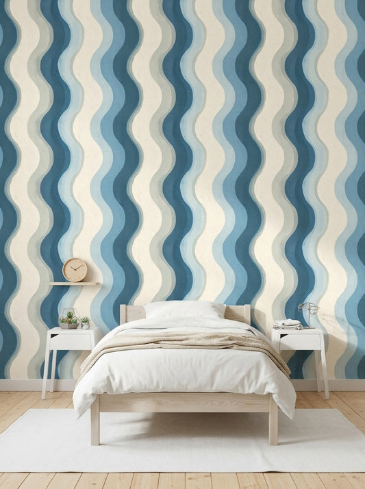 Abstract Wavy Stripes Wallpaper Blue And Cream Coastal Removable Wall Decor