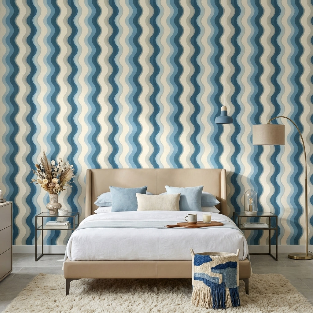 Abstract Wavy Stripes Wallpaper Blue And Cream Coastal Removable Wall Decor