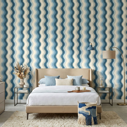 Abstract Wavy Stripes Wallpaper Blue And Cream Coastal Removable Wall Decor