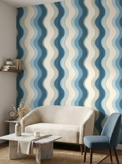 Abstract Wavy Stripes Wallpaper Blue And Cream Coastal Removable Wall Decor