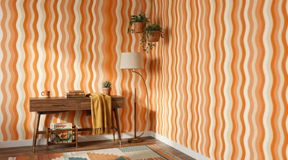 Wavy Stripes Wallpaper Abstract Removable Orange And Cream Wall Decor