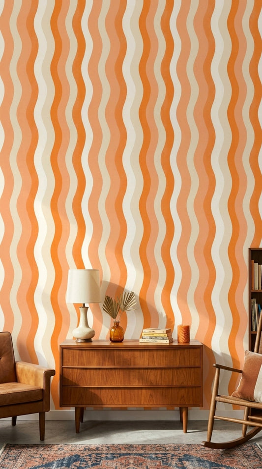 Wavy Stripes Wallpaper Abstract Removable Orange And Cream Wall Double Roll