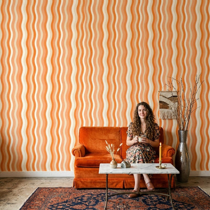 Wavy Stripes Wallpaper Abstract Removable Orange And Cream Wall Decor