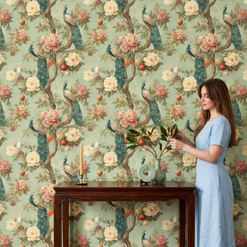 Peacock Wallpaper Floral Removable Peonies Wall Decor