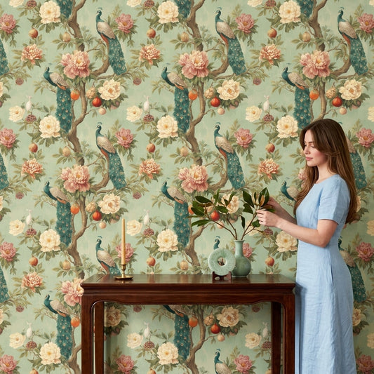 Peacock Wallpaper Floral Removable Peonies Wall Double Roll